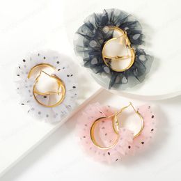 Korean Lace Fabric C-Shaped Earring For Women Vintage Metal Geometric Circle Hoop Earrings Trend Jewelry