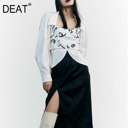 [DEAT] Spring Fashion Turn-down Collar Long Sleeve Printing Fake Two Loose Temperament Women Shirt 13Q315 210527