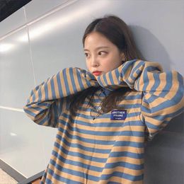 Korean Ulzzang O-Neck Striped T-shirt Women Casual Long Sleeve Loose T-Shirt Colour Block Retro Cotton T-Shirts Femmal 210310