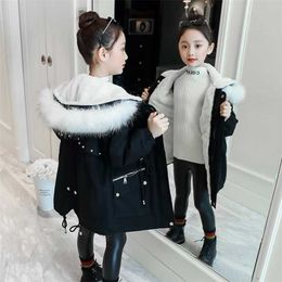 Winter Girls Cotton Jacket Children Fashion Parker Coats Clothes Length Thicken Parka Overcoat Faux Fur Outerwear Kids 211027