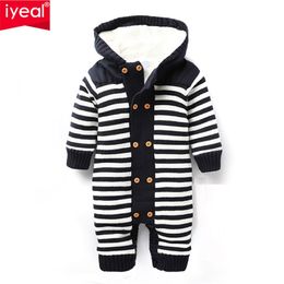 IYEAL Newborn Autumn Baby Rompers Thickened Winter Striped Hooded Knitted Sweater Warm Overalls Fleece Coat for Baby Girl Boy 210312