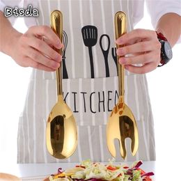 Big Salad Spoon Fork Set Stainless Steel Kitchen Food Server Pasta Utensils Public Gold Tableware Using Buffet Restaurant Tools 201017