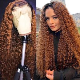 180% Density Ombre Brown Kinky Curly Frontal Wig Brazialian Full Lace Front Synthetic Wigs For Black Women
