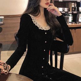 Vintage Velvet Black Long Sleeve Dress French Lace Women Warm Midi Spring Korean Female Wedding Party 210604