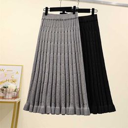 4Xl Good Quality Plus Big Size Vintage Women Spring Autumn Winter Knitted Black Grey Pure Colour Long Skirts Female A5439 211120