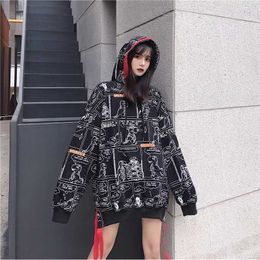 Korean ins Harajuku vintage chic funny cartoon printed hooded sweatshirt female personality BF loose fashion ladies 210608