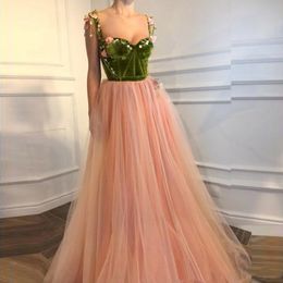 Autumn Spring Green And Pink Corset Prom Dresses Sweetheart Velvet Top with Handmade Flowers Appliques Tulle Skirt A Line Long Formal Evening Party Gowns