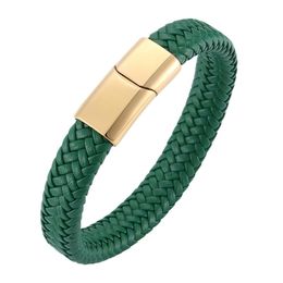 Charm Bracelets Classic Braided Men Bracelet Green Leather Gold Stainless Steel Clasp Fashion Male Jewelry Wristband Bangle Gift BB0235