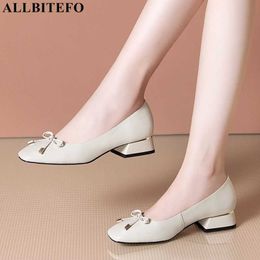 ALLBITEFO bowtie genuine leather thick heels women shoes low-heeled comfortable woemn heels office ladies shoes size:33-42 210611