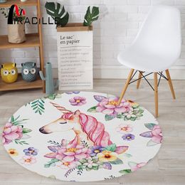 Miracille Cute Unicorn Designer Round Mat Floor Balcony Doorway Welcome Door Carpets Home Decor For Washroom Bedroom Anti-slip 210301