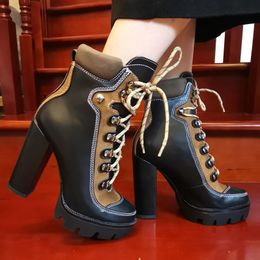 Platform Boots Match Colours Womens Ankle Block High Heel Retro Shoes Lace Up Punk Motorcycle Plus Size 2021 58572