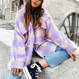 Fashion Women Purple Plaid Woolen Shirts Elegant Ladies Oversize Long Shirt Vintage Female Stylish Thick Blouses Girls Chic 210721