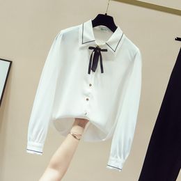 Women's Blouses & Shirts 2021 Autumn Turn Down Collar Long Sleeves Bow Shirt Ladies All-match Casual Blouse Tops A3699