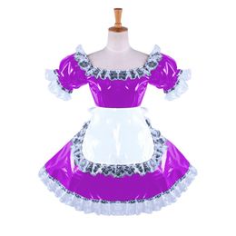 S-7XL Gothic Square Neck Short Sleeve Mini Dress Vintage Women Lace Trim PVC Dress Sweet Maid Waitress Cosplay Costume