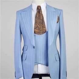 Costume Homme Light Blue Stripe Men Suits 3 Pieces One Button Peak Lapel Casual Groom Wedding Terno Masculino Slim fit Blazer X0909