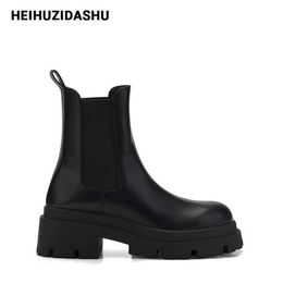 2021 Warm Fur Ankle Boots For Women Slip On Women Chelsea Boots Black Leather Chunky Heel Platform Boots Women Winter Shoes Y0905