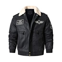 Men's Bomber Motorcycle Leather Jacket Vintage Brown Military Flight Coat Winter Fleece Faux Leather Pigskin Plus Size Jaqueta 211124