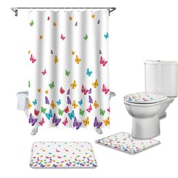 Shower Curtains Colourful Butterfly Curtain Sets Non-Slip Rugs Toilet Lid Cover And Bath Mat Waterproof Bathroom