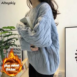 Sweaters Women Popular Thick Solid 2020 New Fashion Fall Warm Loose Lady Clothes Kawaii Oversized Female Plus Velvet Blue Casual X0721