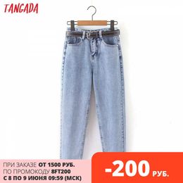 Tangada fashion women mom jeans pants with belt long trousers strethy waist pockets zipper female pants HY41 210609