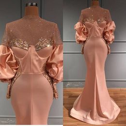 High Neck Mermaid Evening Dresses Long Sleeve Beaded Glitter Sequins Crystal Appliqued Satin Formal Prom Dress Custom Made Robes De Soirée