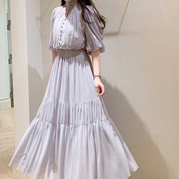 Japan Style Sweet Office Lady Slim Waist Robe Stand Collar Puff Sleeve Pleated Dress Spring Chic Button Design Women Dresses 210525