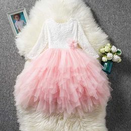 Ruffled Ball Gown Cake Dress for Girl First Holy Communion Gowns for Kid Girls Long Sleeves Lace Backless Dresses for Wedding Q0716