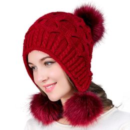 ski bobble hats Canada - Winter Hats For Womens Hat Fur Pom Knit Beanie Ski Cap Bobble Cover The Ear Beanie Skull Caps