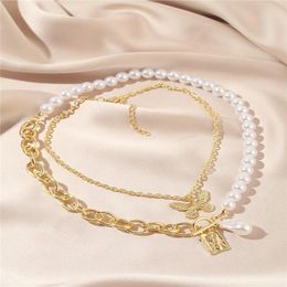 Pendant Necklaces 2021 European And American Style Women Double-layer Pearl Lock Chain Stitching Necklace Butterfly Clavicle