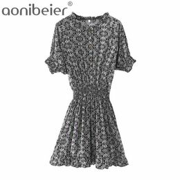 Vintage Printed Elastic Waist Mini Dress Summer Short Sleeve Thin Casual Button Front Ruffles Hem A-Line 210604