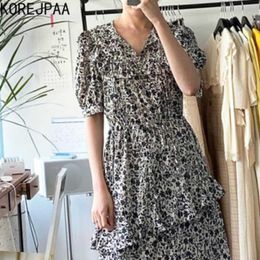 Korejpaa Women Dress Korean Chic Retro Elegant Lapel Crushed Flower Waist-tie Bubble Sleeve Lotus Leaf Side Cake Vestido 210526