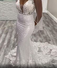 2021 Arabic Aso Ebi Sparkly Lace Beaded Wedding Dresses Mermaid Backless Bridal Dresses Sexy Wedding Gowns ZJ206