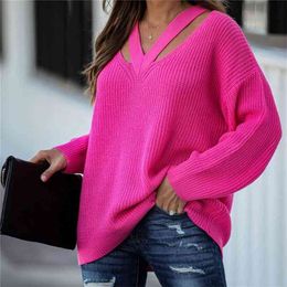 Fitshinling V Neck Casual Women Pulovers Sweaters Boho Holiday Knitwear Sweater Oversize Long Sleeve Solid Jumper Top Winter 210918