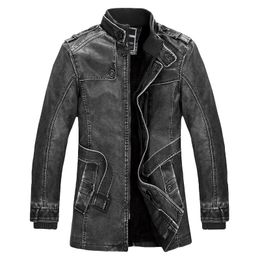 Men's Leather & Faux Standing Collar High Quality Jacket For Men Slim Warm Mens Washed Motorcycle Biker Jackets
