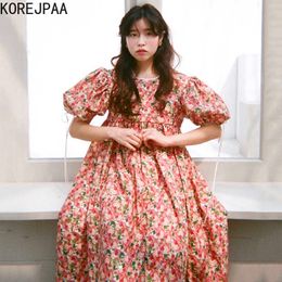 Korejpaa Women Dress Summer Korean Retro Flower Print Round Neck Hollow Open Back Lace Puff Sleeve Loose Large Vestidos 210526