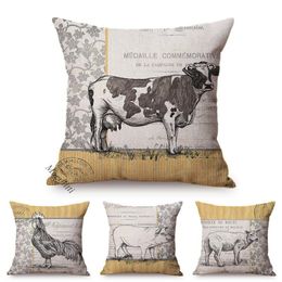 Cushion/Decorative Pillow Vintage Farm Poster Design Throw Cases Cow Cock Pig Rural Animal Style Decoration Square Cushions Cover Car Sofa C