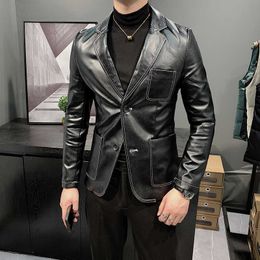 Fashion Leather Men Blazers Black Casual Suit Jackets Streetwear Social Dress Coat Wedding Business Blazer Masculino Veste Homme 210527