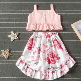 Girls Set Summer Suit Infant Kid Clothing Outfits Sling Off Shoulder Top+Floral Irregular Skirt Clothes Girl 210528