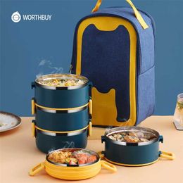 WORTHBUY Portable Lunch Box For Kids School Thermal Food Container Leak-Proof Stainless Steel Bento Lunch Box Kitchen Food Box 211108