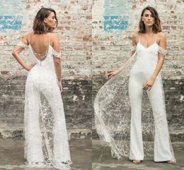 Summer Boho Jumpsuits Wedding Dress Bridal Gowns Spaghetti Straps Long Bride Dresses Drop Sleeve Sexy Backless Beach Lace Satin Vestidos