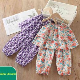 Summer 2 3-4 6 8 10 Years Children Flora Sleeveless Top+Trousers 2 Pcs Suit Baby Kids Girls Strapless Chiffion Clothing Set 210625