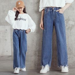 Jeans For Girl Spring High Quality Ripped Wide Leg Pants Teenage Kids Children's Loose Denim Casual Style Trousers Clothes