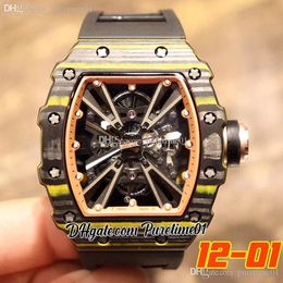 Black Yellow Carbon Fiber Miyota Automatic Mens Watch Skeleton Dial Orange Inner Rubber Strap Super Edition Puretime01 1201B2