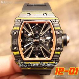 Black Yellow Carbon Fibre Miyota Automatic Mens Watch Skeleton Dial Orange Inner Rubber Strap Super Edition Puretime01 1201B2