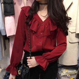 Shirts Women Solid Chiffon Plus Size Ulzzang Red Blouses Loose Temperament Ruffles Womens Long Sleeve Top Fashion Streetwear New H1230