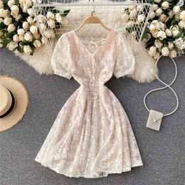 Summer Women's Dress Korean Elegant Floral Lace Button -up V-neck Short Sleeve High Waist A-line Party Mini es 210603