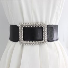 Belts Fashion Elastic Leather Wide Belt For Women Square Rhinestone Buckle Waist Strap Corset Girdle Female Waistband