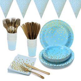 Disposable Dinnerware Blue Gold Foil Birthday Party Weeding Adult Decoration Paper Cup Plate Set
