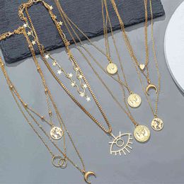 New Bohemian Multilayer Gold Color Moon Portrait Pendant Necklaces For Women Choker Necklaces 2021 Trend Fashion Jewelry Party G1206