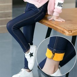 Children's Pants Winter Clothes New Thicker Middle-aged Kids 'Jeans Korean Style Stretch And Cashmere Girls 210303